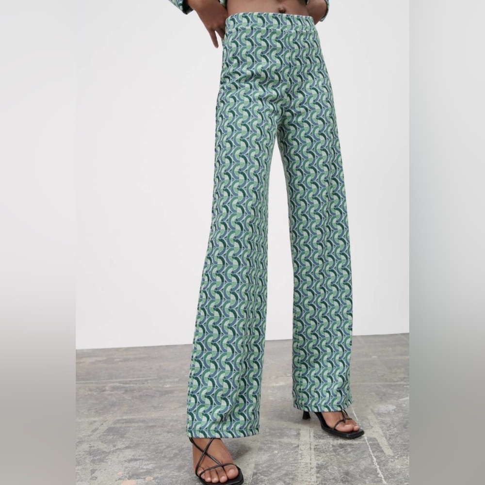 Zara Geometric Pattern Jacquard Knit Wide Leg Pants Green Size M 28